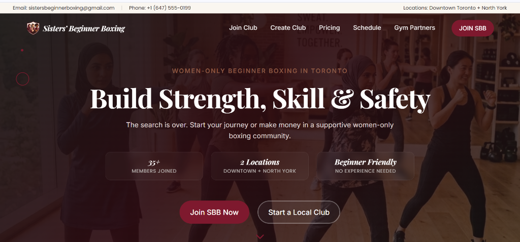 Sisters' Beginner Boxing homepage mockup screenshot